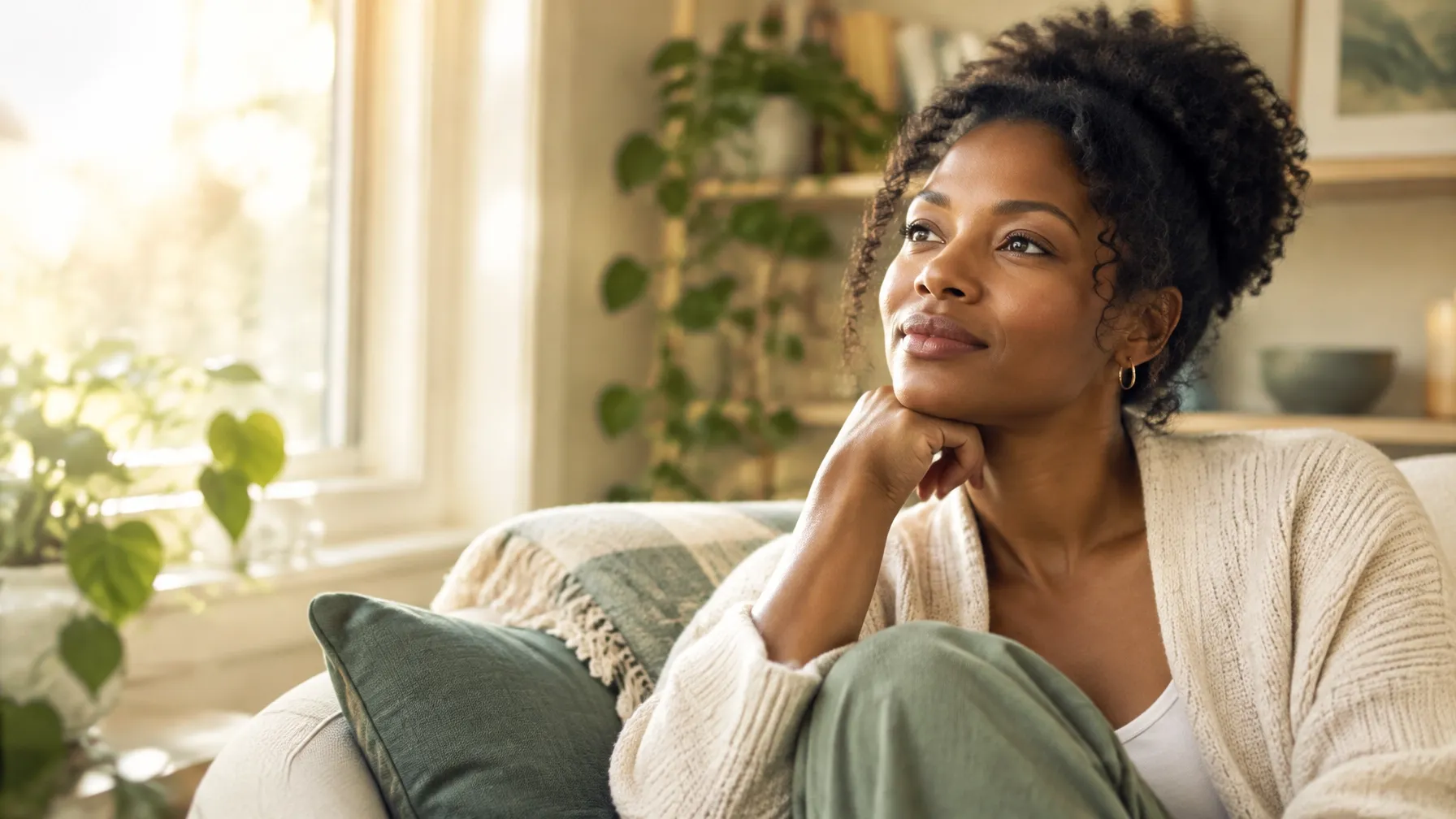 A woman sitting thoughtfully by a sunlit window at home